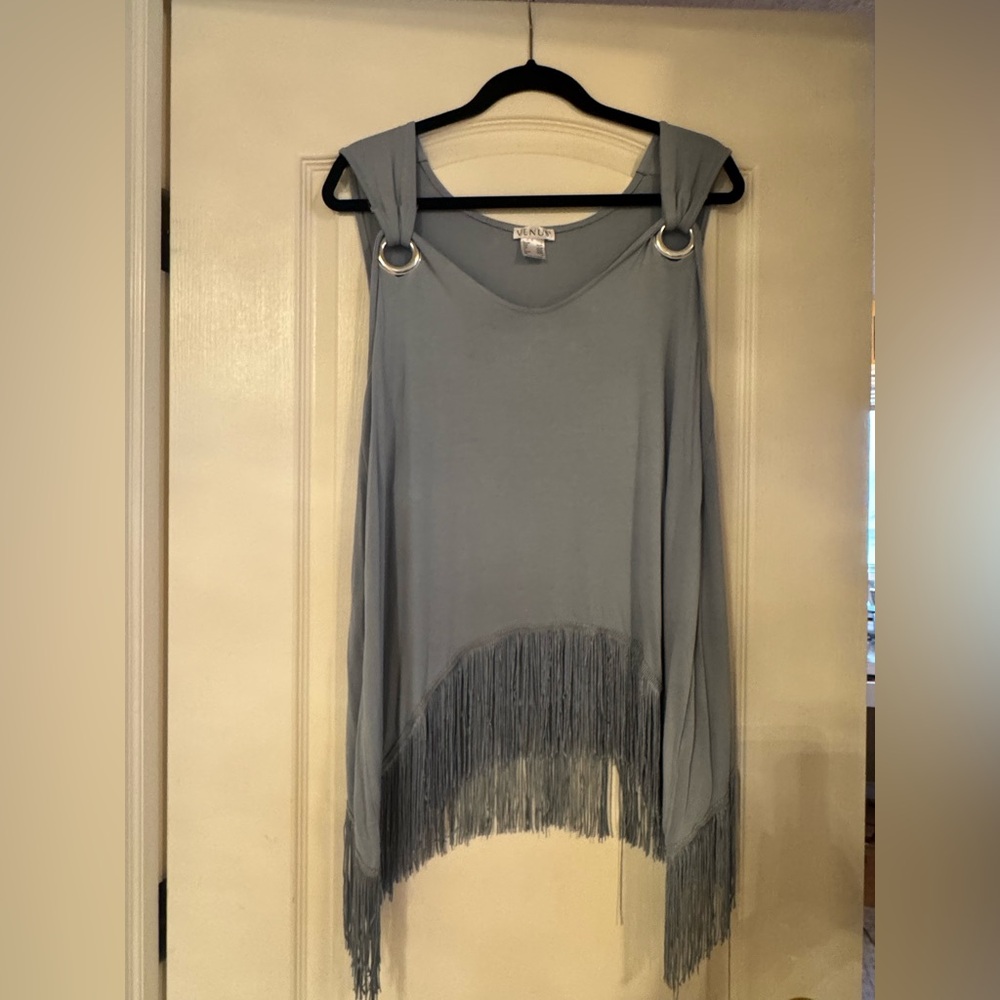 VENUS Blue Sleeveless Fringe Top w/ Silver Ring Details